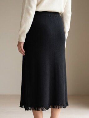 Brand New Sioni Milano Black Knit Midi Skirt - Elastic Waist & Frayed Hem